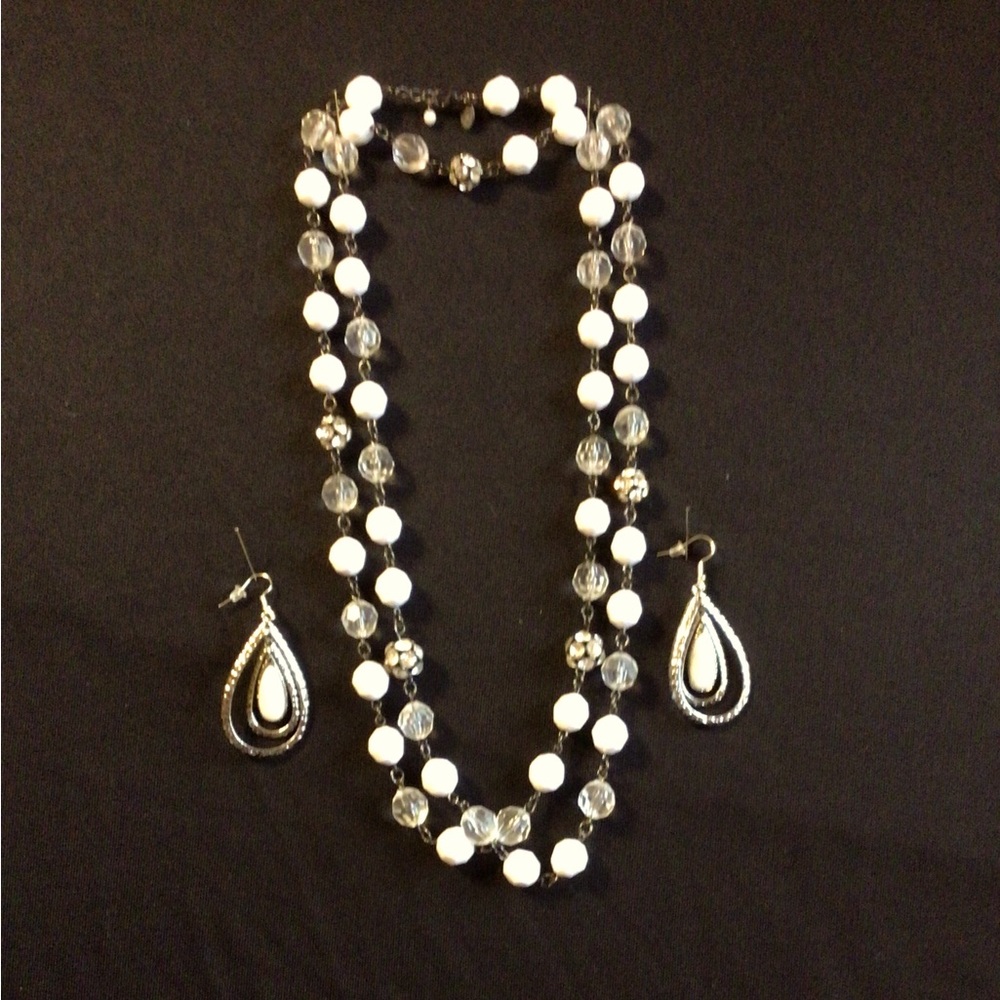 Long Necklace & Earring Set., white & crystal tone with Rhinestone Beads.